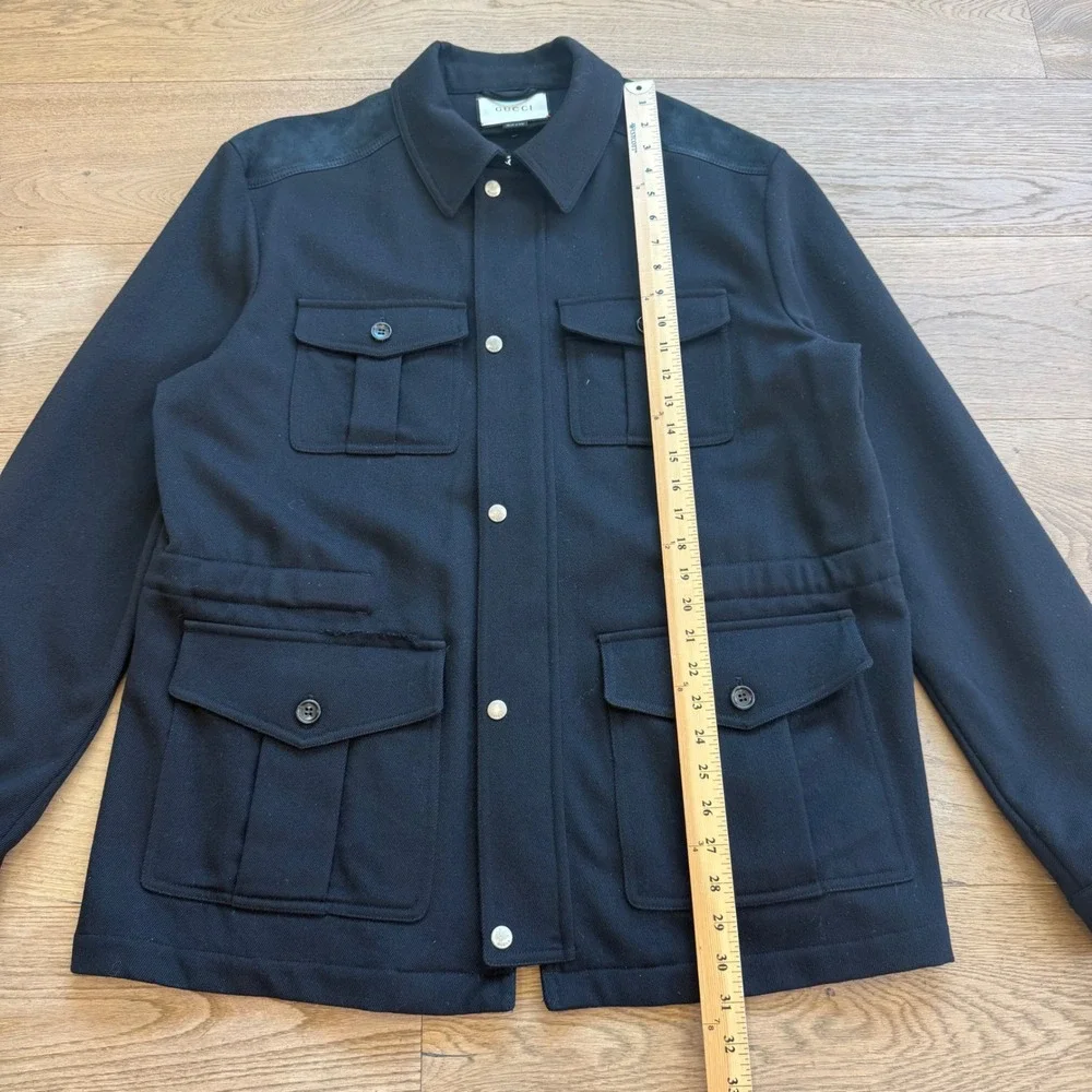 Gucci Mens Black Suede Trim Field Jacket Utility Coat IT 56 Made in Italy
